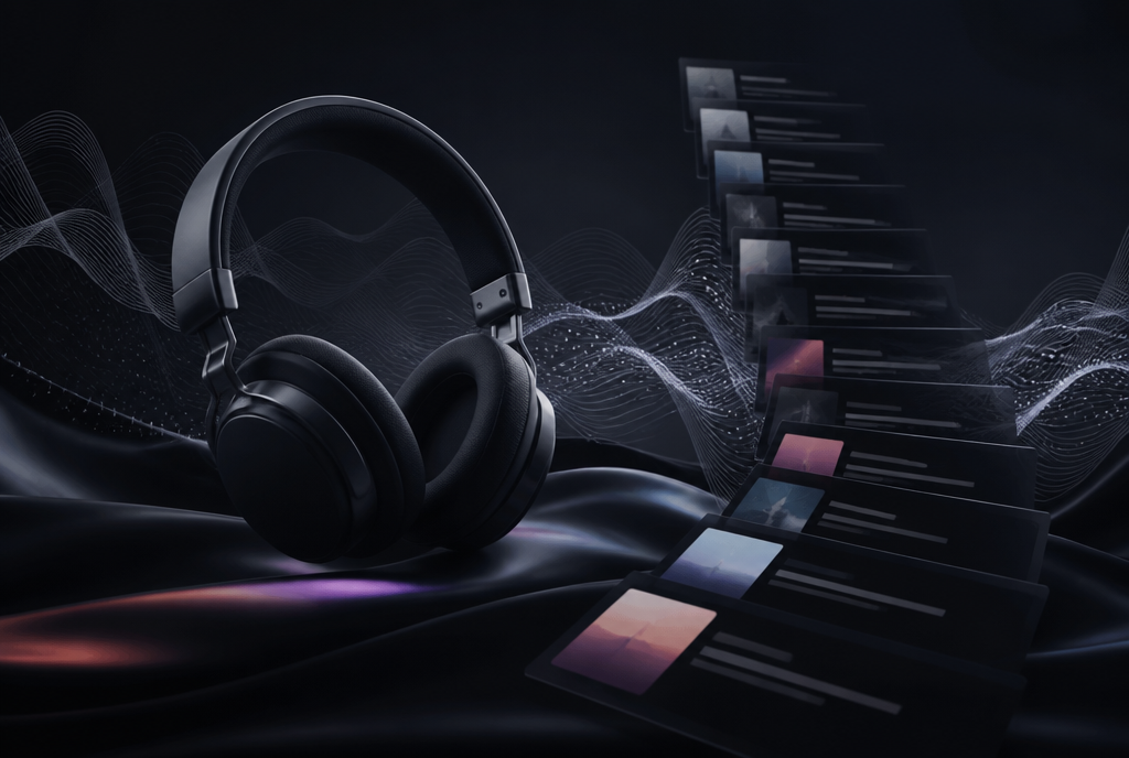 Ciemna abstrakcyjna grafika ze słuchawkami i falami dźwiękowymi symbolizująca promocję muzyki na Spotify