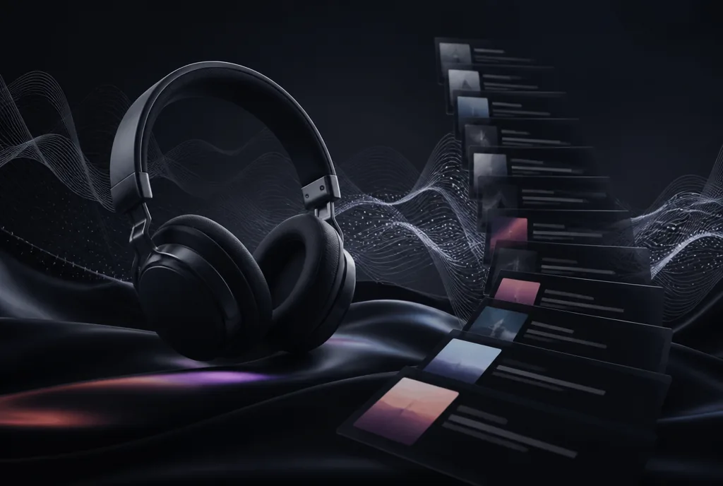 Ciemna abstrakcyjna grafika ze słuchawkami i falami dźwiękowymi symbolizująca promocję muzyki na Spotify