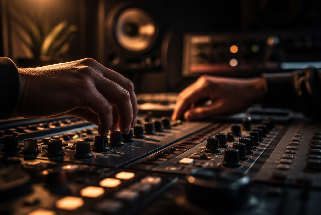 Ręce twórcy na kontrolerze audio w studiu nagraniowym