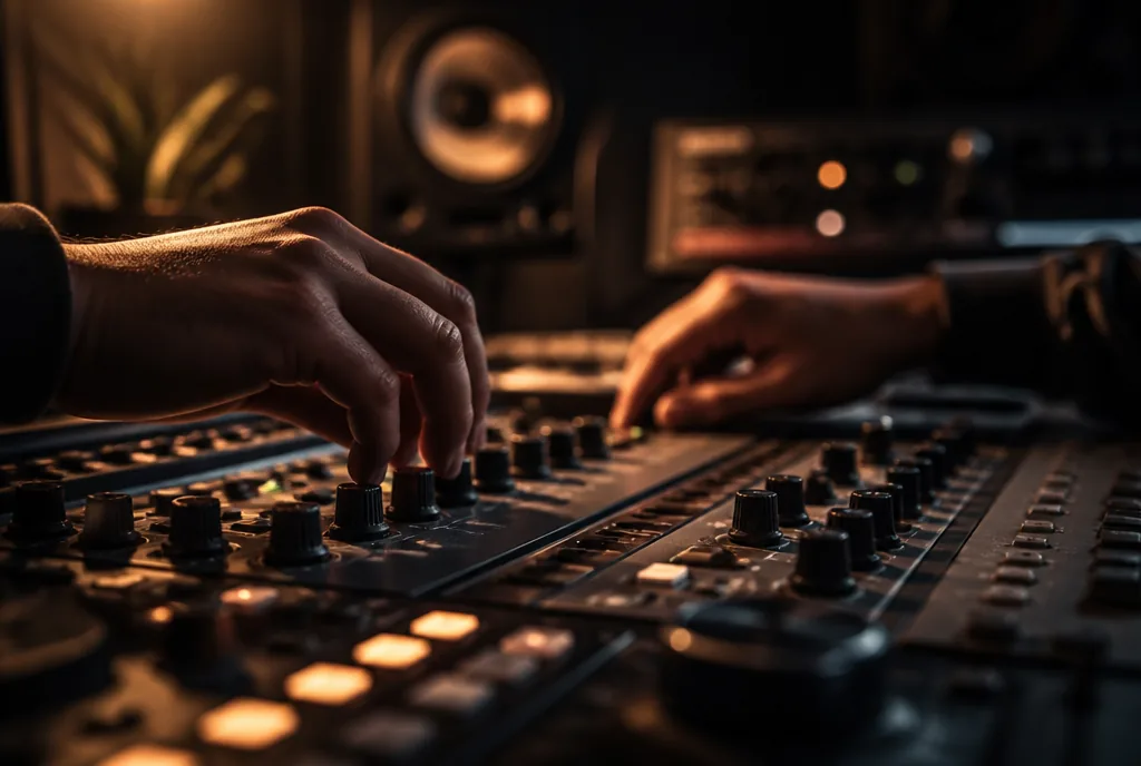 Ręce twórcy na kontrolerze audio w studiu nagraniowym